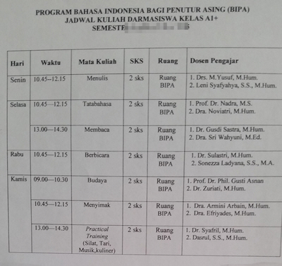 bahasa indonesia time table